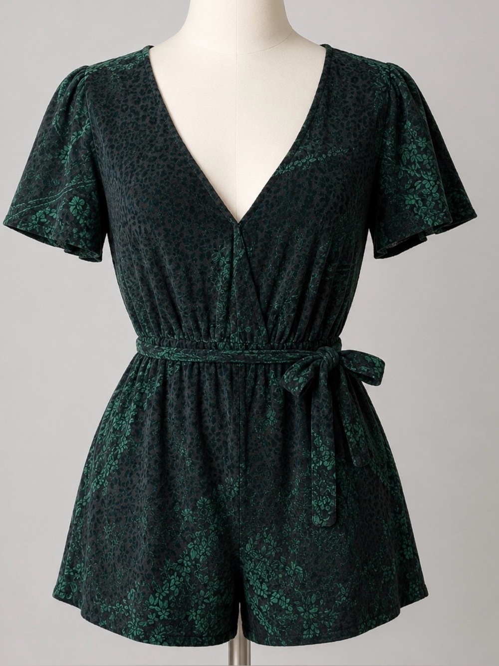 Aakaa Emerald  Velvet Textured Floral Romper